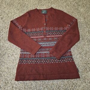 Woolrich Lambs Wool Fair Isle 1/2 Button Henley Sweater Sz Medium Deep Ruby Red